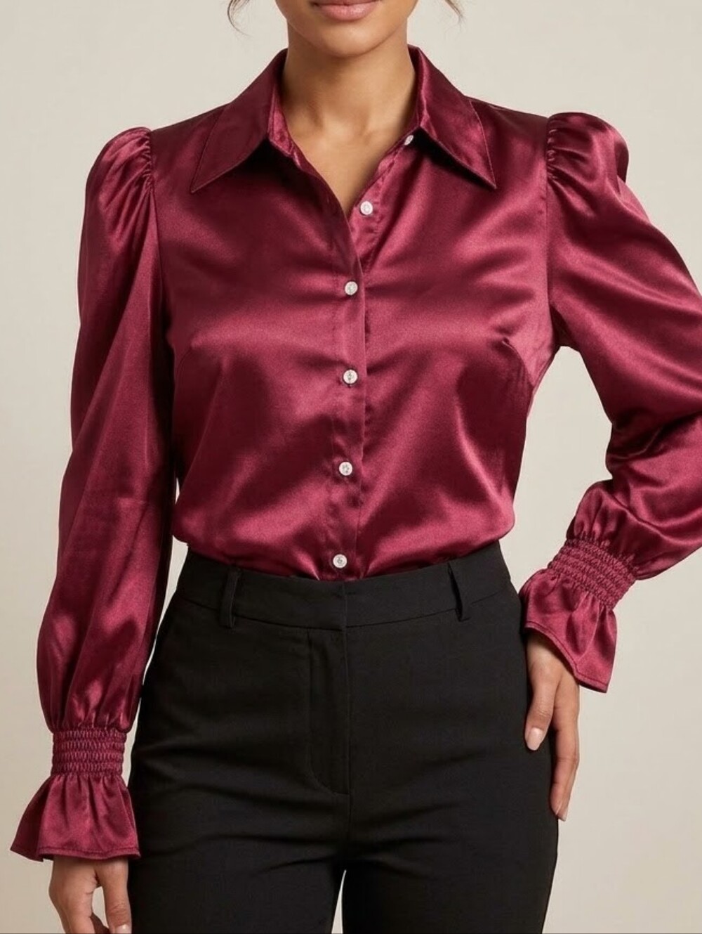 Satin Burgundy Button-Down Blouse | Puff Shoulder & Ruffle Bell Cuffs - XL - NWT